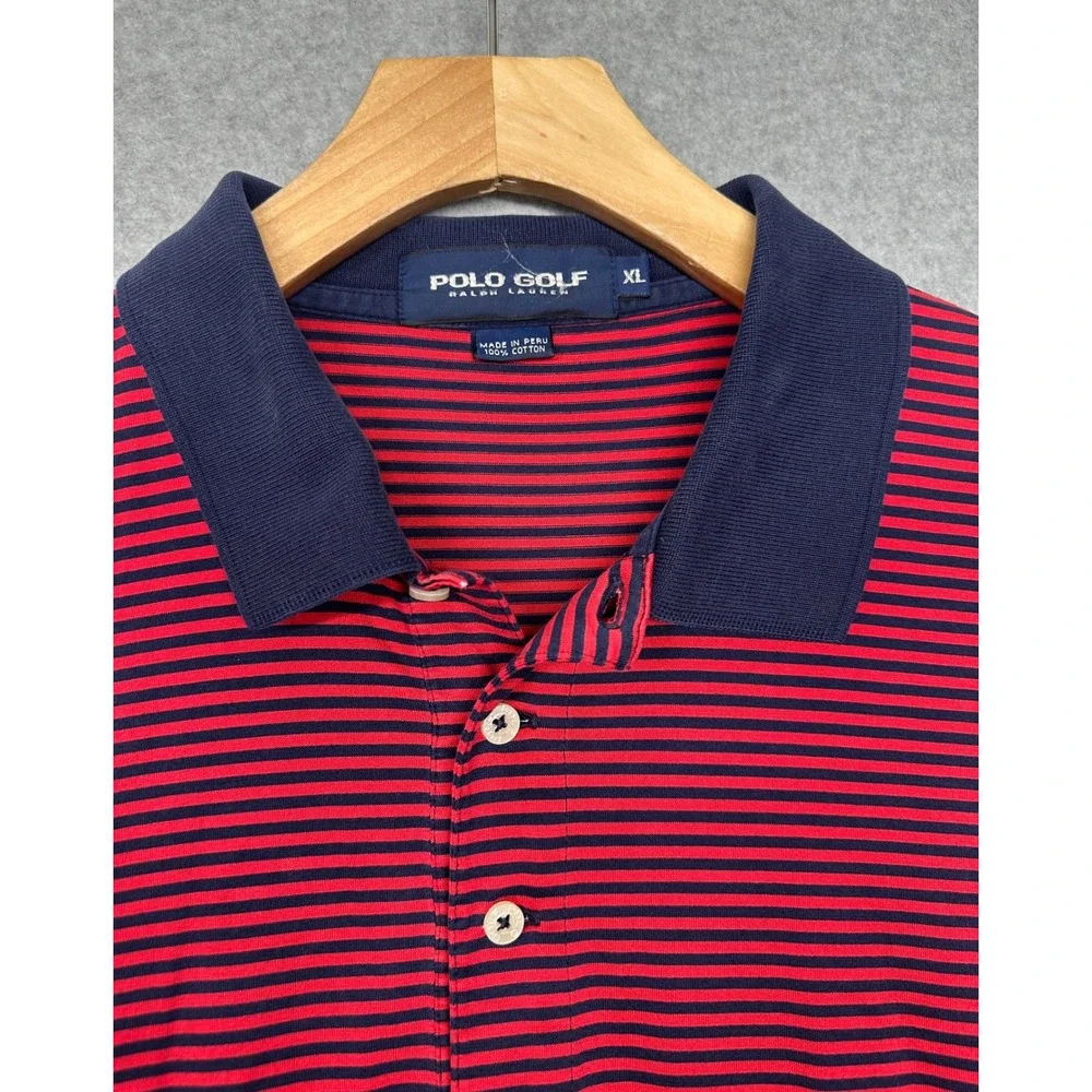 Polo Golf Ralph Lauren Mens Red Navy Stripe‎ Polo Shirt XL 100 Cotton